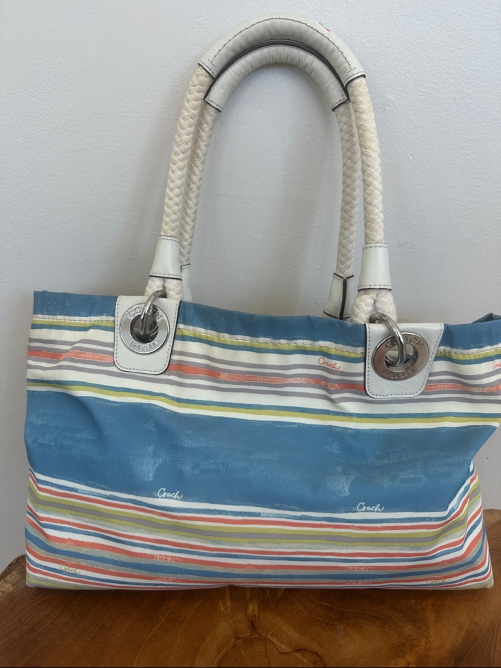 Coach Seaside Striped Canvas Tote, Scarf, Seahorse Hangtag & matching wristlet - Picture 10 of 15